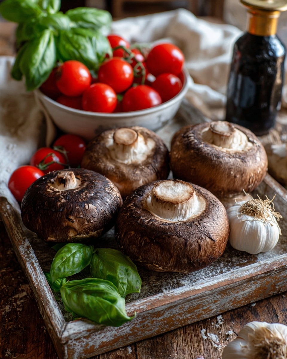 The image shows three large stuffed mushroom caps on a dark baking tray with a white marbled background. Each mushroom cap has a base layer of deep brown mushroom, topped with a layer of rich red sauce. On top of the sauce is a creamy, melted light beige cheese layer that covers the mushroom well. Above the cheese, there is a golden brown crumbly topping with some green basil leaves placed as garnish. Surrounding the mushrooms are bright red roasted cherry tomato halves and scattered fresh basil leaves, adding a contrasting pop of color. The overall look is warm, textured, and inviting. Photo taken with an iphone --ar 4:5 --v 7