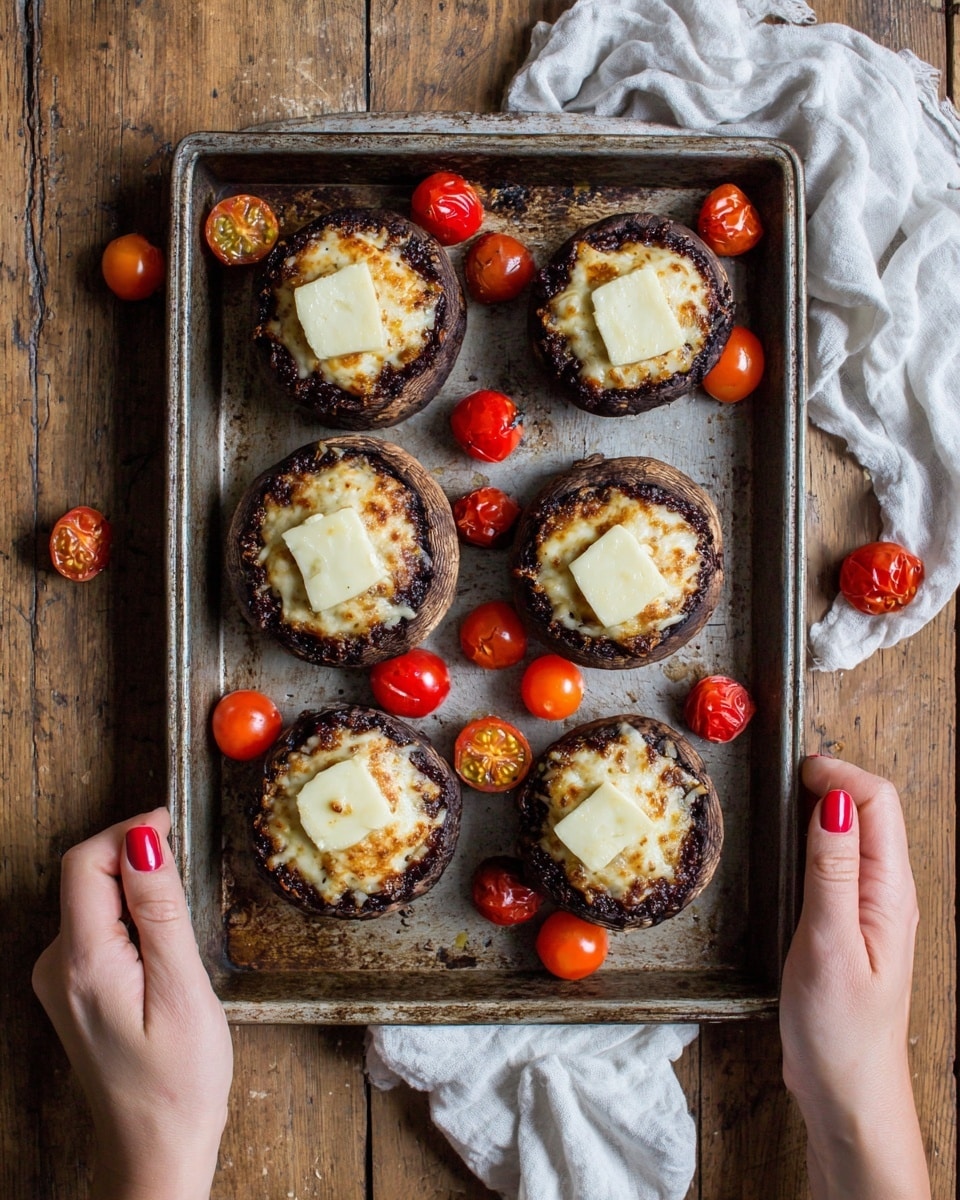 A metal baking tray holds six large brown mushroom caps arranged in two columns and three rows. Each mushroom cap has a bottom layer of dark red sauce, topped with a perfectly square slice of white cheese. Scattered around the mushrooms on the baking tray are many small, halved bright red cherry tomatoes. Two woman's hands with red nail polish are visible on either side of the tray, one resting on the edge and the other just above the surface. The tray sits on a wooden table and there is a crumpled white cloth in the top right corner. Photo taken with an iphone --ar 4:5 --v 7