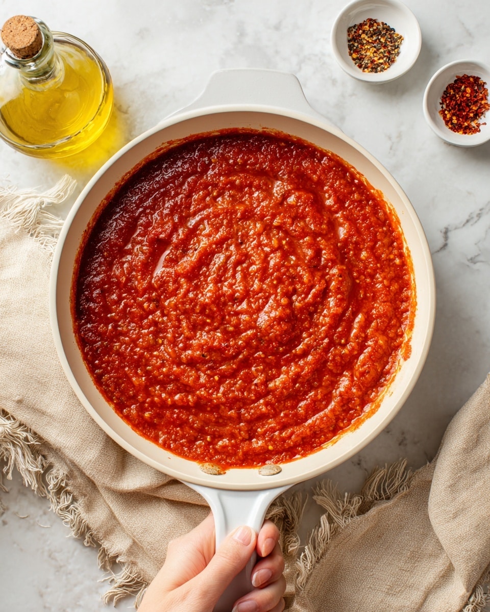 A white pan filled with a thick, bright red tomato sauce with a slightly chunky texture, held by a woman's hand gripping the white handle at the bottom of the image. The pan is centered on a white marbled tile surface with a glass bottle of light yellow oil at the top and a small white bowl with red pepper flakes to the right. A beige cloth with frayed edges is placed casually to the left side. The photo taken with an iphone --ar 4:5 --v 7