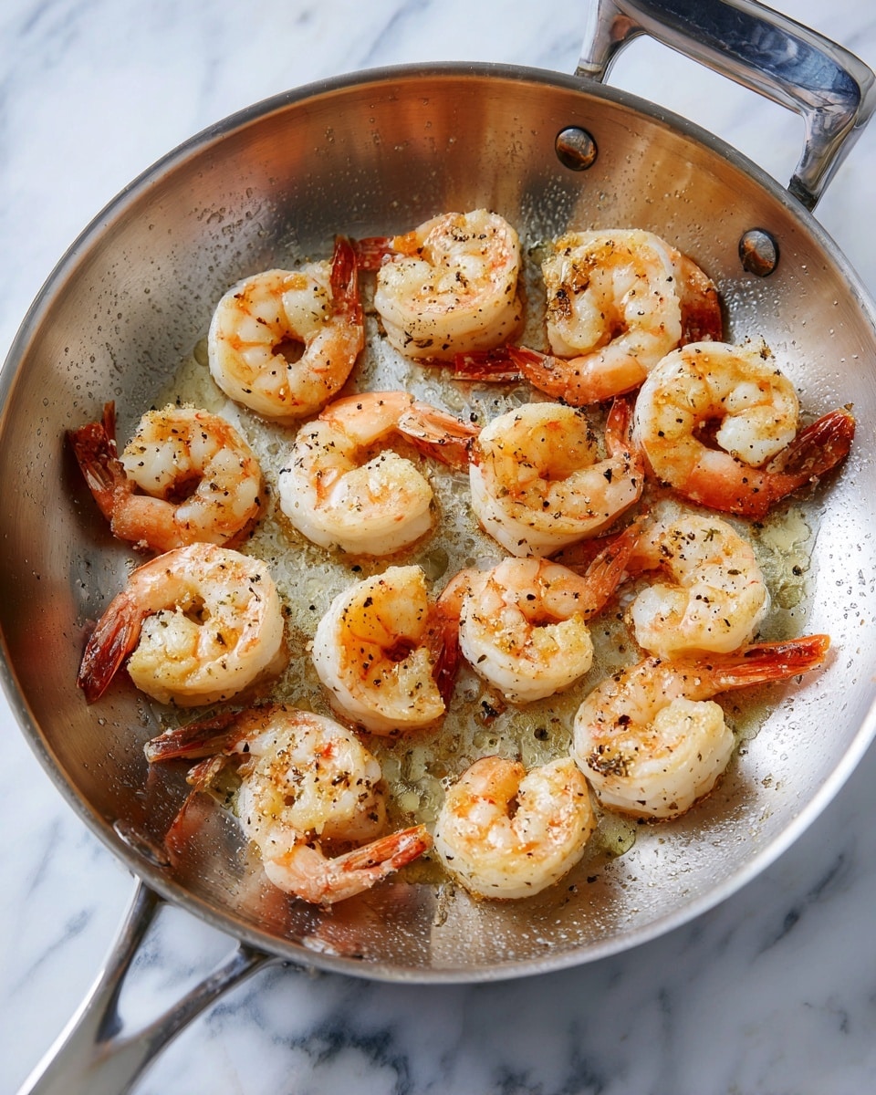 Inside a silver frying pan with a shiny handle, there are sixteen cooked shrimp arranged evenly across the bottom. Each shrimp is curled, showing a mix of pale white and orange-pink colors with a slight gloss from cooking oil and small bits of black pepper sprinkled on top. The metal surface of the pan has some brown sear marks and traces of oil around the shrimp. The background is a white marbled surface. photo taken with an iphone --ar 4:5 --v 7