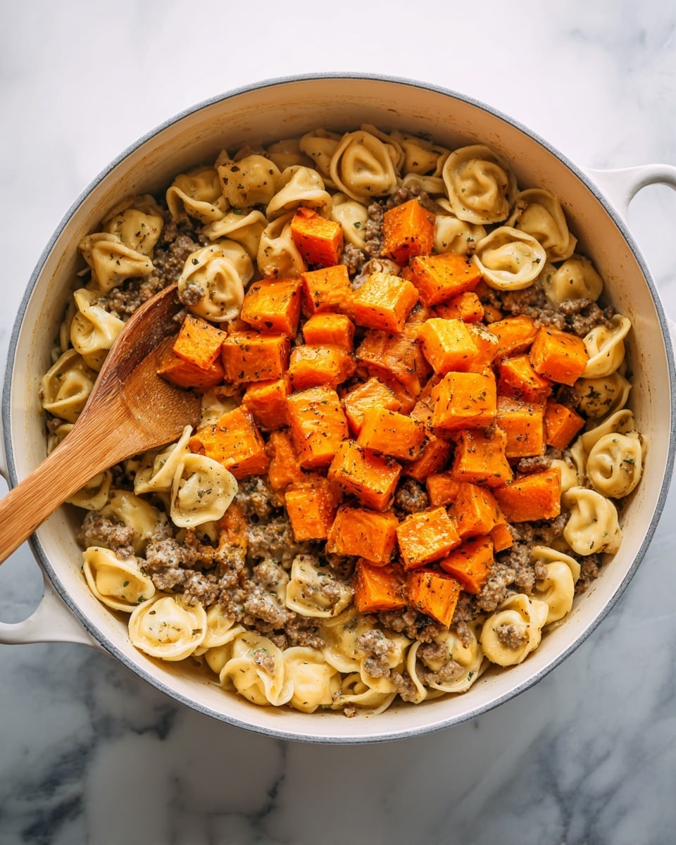 A white large pot filled with cooked tortellini pasta mixed with small pieces of light brown ground meat. On top of the pasta and meat, there is a pile of small, bright orange roasted cubes with a slightly shiny texture, likely squash or sweet potato. The pasta looks soft and creamy, with a light sauce coating it. A wooden spoon is partially buried in the pot, with the handle coming from the bottom left side and the spoon part inside the pot near the orange cubes. The pot is placed on a white marbled surface. photo taken with an iphone --ar 4:5 --v 7
