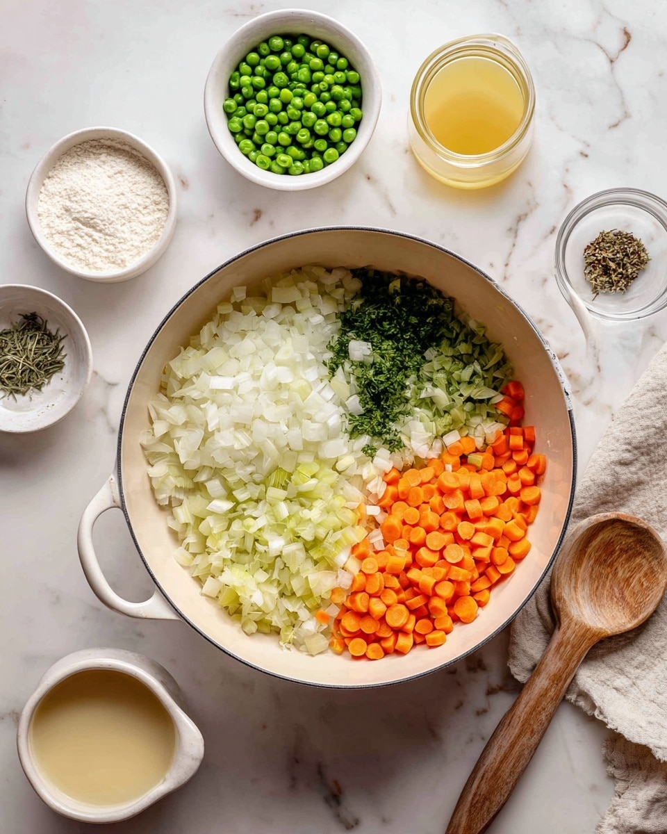A large white pan is placed on a white marbled surface and holds four main layers of ingredients side by side. On the left, there are chopped white onions, next to it is bright green chopped celery, then a pile of finely chopped garlic, and on the far right are many thin, round, orange carrot slices. Surrounding the pan are small white bowls and clear measuring cups holding vibrant green peas, milk, dried herbs, salt and pepper, flour, and golden broth. A wooden spoon rests on the right side of the pan. The scene is bright and clear with soft natural light. photo taken with an iphone --ar 4:5 --v 7