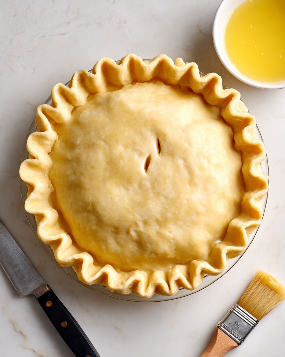 A top view of an unbaked pie with two layers of golden yellow dough. The edge dough is crimped in a wavy pattern, creating a textured border all around the pie. The center of the smooth dough top has three small slits arranged in a triangular shape. The pie is inside a clear glass dish placed on a white marbled surface. To the left of the pie, there is a small knife with a black handle. To the right, there is a white bowl with a wooden brush resting on its edge, holding a yellow liquid. Photo taken with an iphone --ar 4:5 --v 7