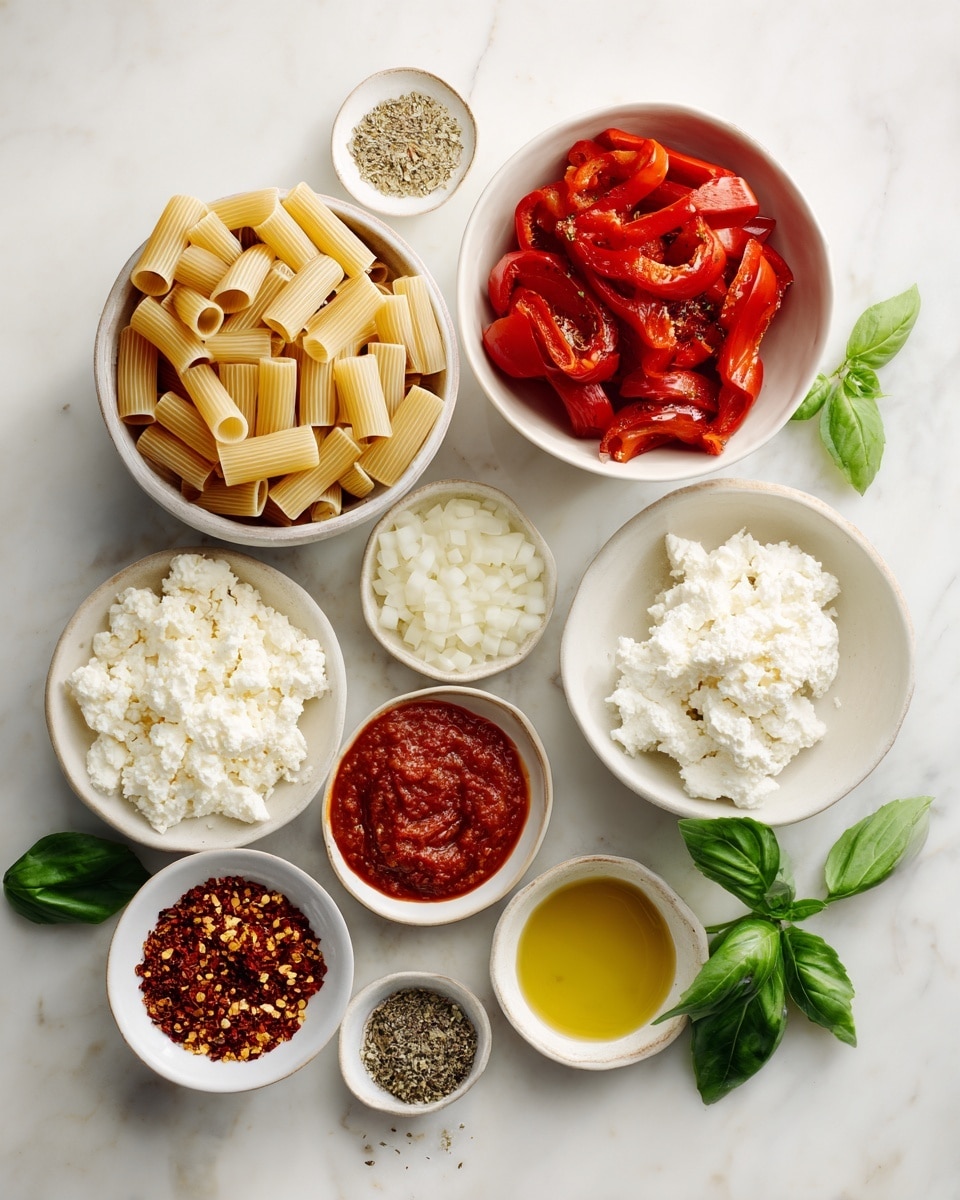The image shows several white bowls and dishes arranged on a white marbled surface, each holding different ingredients for cooking. There is one large bowl filled with dry rigatoni pasta, its light tan color standing out. Another large bowl contains bright red, peeled roasted peppers, with their smooth and glossy texture visible. Near these, a medium bowl holds white, creamy cottage cheese that looks soft and lumpy. Smaller bowls display finely chopped white onions, minced garlic, a dollop of tomato paste with a rich red tone, olive oil with a shiny pale yellow color, and dried herbs that are finely crumbled and dark green. A small dish has crushed red pepper flakes with red and yellow pieces. Scattered around are fresh basil leaves in bright green. The overall layout is neat and colorful, with a focus on raw fresh ingredients, photo taken with an iphone --ar 4:5 --v 7