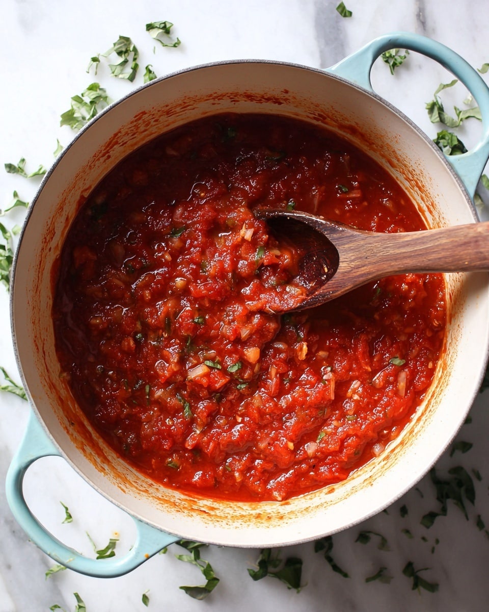 A white pot with light blue handles holds a thick red tomato sauce with visible chunks of diced tomatoes and onions in a slightly shiny liquid. A dark wooden spoon rests inside the pot, lifting some of the chunky sauce. The pot is placed on a white marbled surface scattered with green basil leaves around it. The sauce shows some splashes and stains on the inner edge of the pot, adding to its fresh, homemade look. photo taken with an iphone --ar 4:5 --v 7