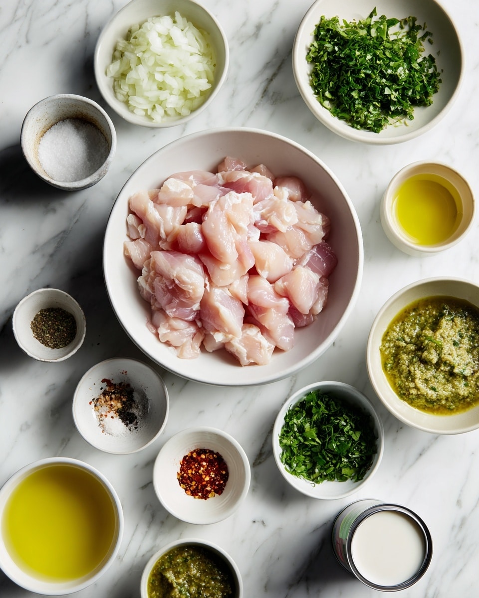 The image shows multiple small white bowls arranged on a white marbled surface. In the center, there is a white bowl filled with light pink raw chicken pieces. Surrounding this bowl, there are several other bowls with chopped green herbs, minced garlic, chopped white onions, a small amount of green paste, yellowish liquid, olive oil, a bowl of coarse salt and black pepper, a small bowl of red pepper flakes, and a can filled with coconut milk. The ingredients are neatly organized and ready for cooking. photo taken with an iphone --ar 4:5 --v 7