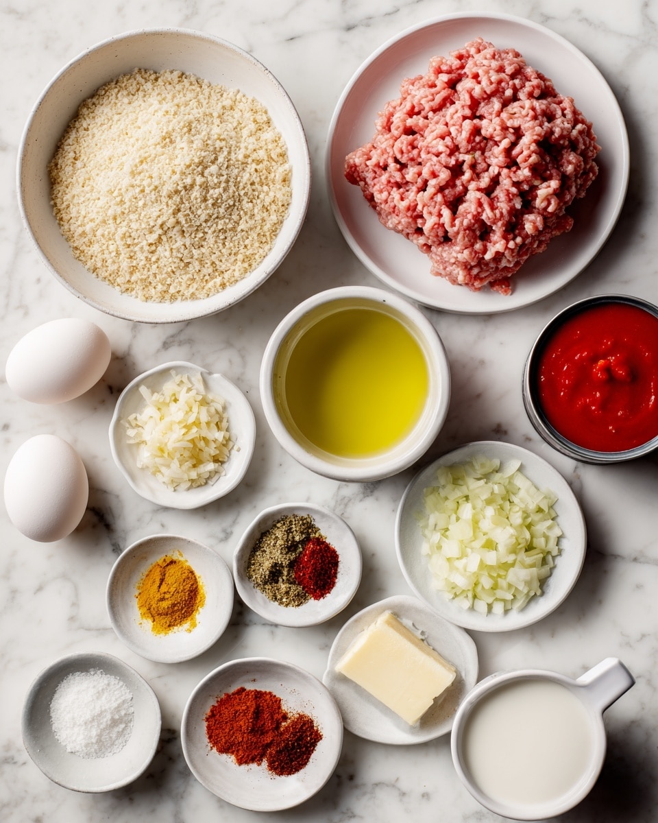 A white bowl holds raw ground meat with a light pink color and a soft texture, positioned on the bottom left. Above it is a white bowl filled with light beige breadcrumbs, with a white bowl of a whole white egg to its left. To the right of the meat, a small white bowl with golden olive oil sits below a white cup containing light yellowish-green liquid. Several small white dishes spread around the center and right hold various finely chopped ingredients: pale white minced garlic, light yellow grated ginger, and small white chopped onions in a white bowl with a slightly darker rim. Two speckled white plates contain colorful spices including deep brown, rusty red, bright yellow, and orange powders. Near the top right corner, there is an opened can filled with red tomato sauce. A measuring cup with white cream is at the bottom right, along with a small white dish holding a pale yellow square of butter. All items sit on a white marbled surface, photo taken with an iphone --ar 4:5 --v 7