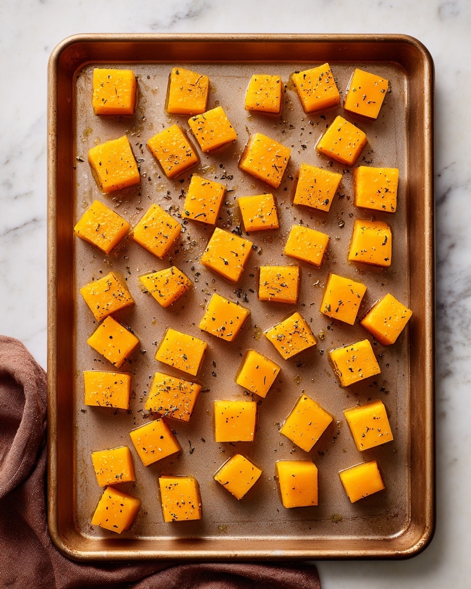 The image shows a single layer of evenly spaced small orange cubes, likely butternut squash, spread out on a light bronze baking tray. Each cube is glossy with a slight shine, indicating they have been coated with oil and sprinkled with seasoning like black pepper and herbs. The baking tray sits on a surface with white marbled texture, and a brown cloth is partially visible under the bottom right corner. The overall look is clean and ready for roasting, with a simple and neat arrangement photo taken with an iphone --ar 4:5 --v 7