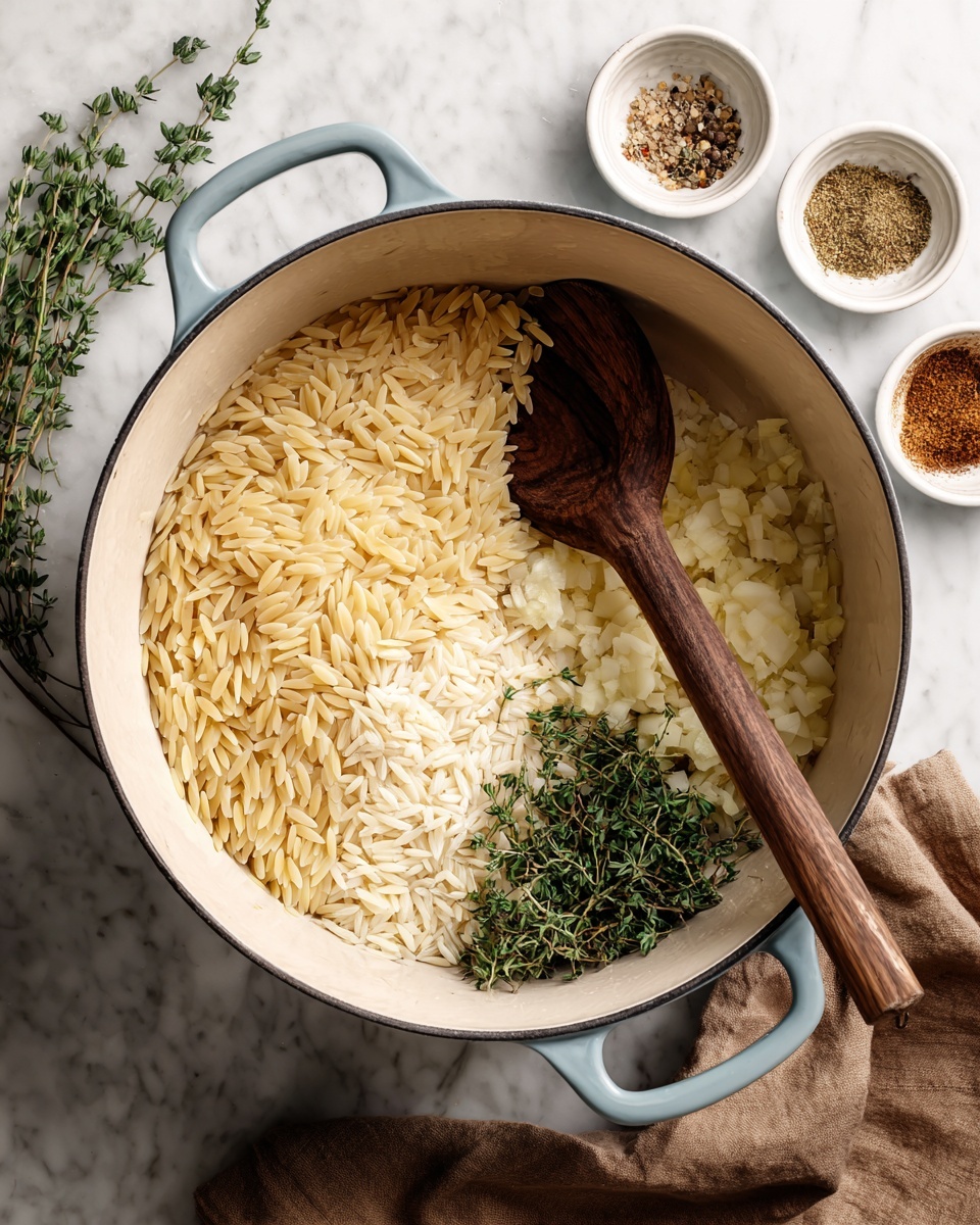 A white pot with a light blue handle shows the start of cooking orzo pasta. Inside, there is a thick layer of dry, golden orzo pasta on the left side. To the right, there is a small amount of chopped garlic with a light yellow color, some chopped shallots with a light brown color, and a small pile of fresh thyme with dark green leaves. A large wooden spoon with a dark brown, smooth surface rests inside the pot, reaching toward the orzo and herbs. The pot is placed on a white marbled surface with two small white bowls of spices nearby and a brown cloth partially visible on the lower right side photo taken with an iphone --ar 4:5 --v 7