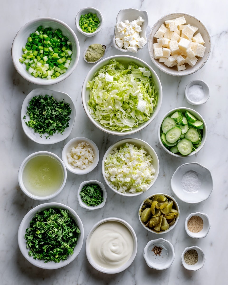 The image shows a neatly arranged top view of various chopped vegetables and ingredients in white bowls and small white dishes placed on a white marbled surface. Starting from the top left, there are finely chopped green onions, white crumbly cheese, small diced cucumber, and a bowl of torn bread pieces. Below them are chopped fresh herbs like parsley, cilantro, and dill in separate small bowls. Centered on the left side are larger white bowls filled with chopped kale, shredded lettuce, and cauliflower rice. Next to these are smaller white bowls with finely chopped pickles and herbs. Near the bottom center are two small white bowls filled with creamy yogurt and another light green liquid, alongside a few small white dishes with various dry white or light beige powders and seasonings. The whole setup reflects fresh, raw ingredients prepared for assembling a fresh dish photo taken with an iphone --ar 4:5 --v 7
