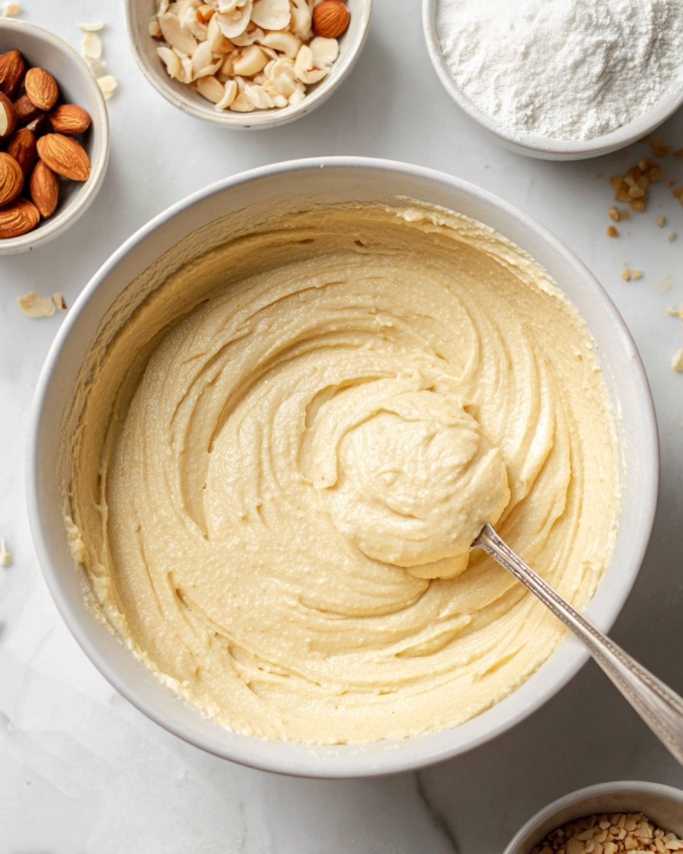 A close-up view of a white bowl filled with thick, pale yellow batter showing a smooth yet slightly grainy texture, with a spoon holding a generous scoop of the batter above the bowl. The background features a white marbled surface with small bowls partially visible, containing ingredients like white powder and mixed nuts. The batter covers the inside of the bowl with swirling patterns from mixing. Photo taken with an iphone --ar 4:5 --v 7