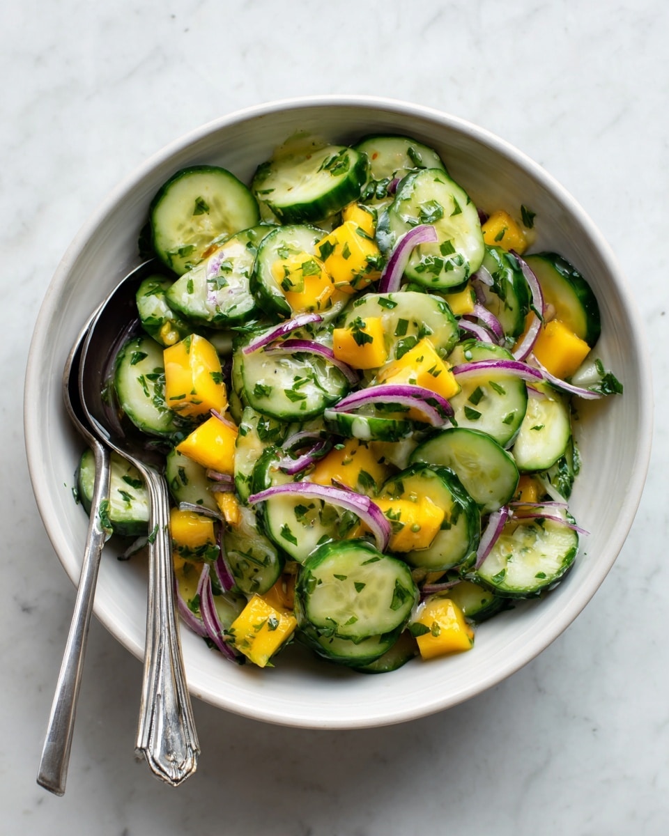 A round white ceramic bowl filled with a colorful cucumber salad. The salad has three main layers: thick green cucumber slices, small bright yellow mango cubes, and thin purple-red onion slices mixed evenly. All pieces are coated in a light dressing with finely chopped green herbs scattered throughout. Two shiny metal spoons rest inside the bowl, one on the left and one on the right. The bowl sits on a white marbled surface, creating a clean and fresh look. photo taken with an iphone --ar 4:5 --v 7