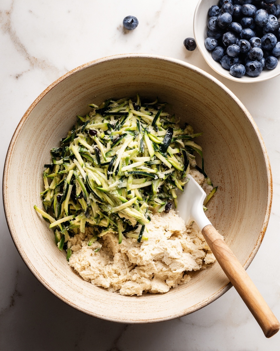 A large beige mixing bowl contains two layers: the bottom layer is a rough, pale dough with a slightly crumbly texture, and the top layer is a heap of shredded green zucchini with dark green skin visible. A white spatula with a wooden handle is placed inside the bowl, partially mixed with the ingredients. In the top right corner, a white bowl filled with fresh blueberries is partially visible on a white marbled surface photo taken with an iphone --ar 4:5 --v 7