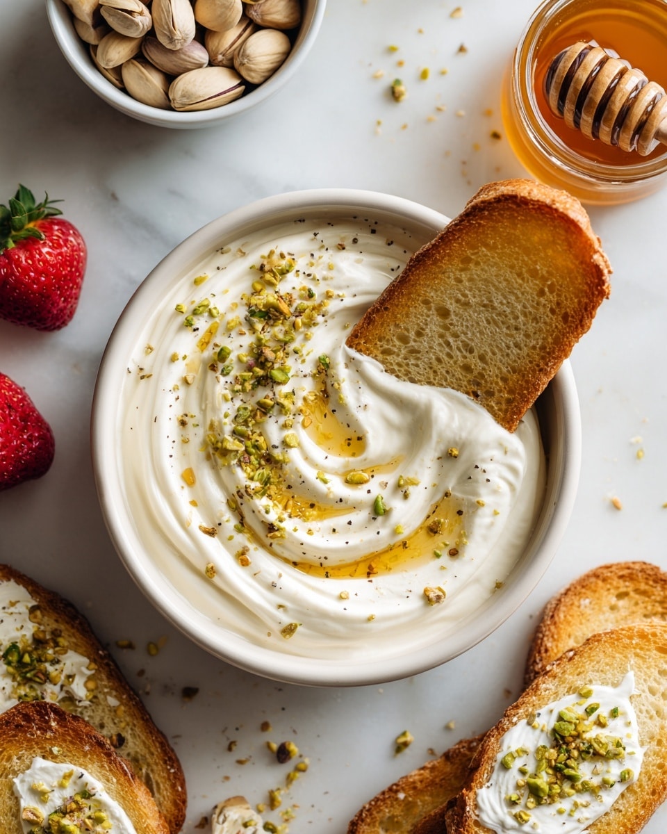 A clear blender bowl filled with smooth, thick white cream swirled gently in the center around a small black star-shaped blade. Surrounding the blender on a white marbled surface, there is a small jar of honey with a wooden dipper resting inside, a white bowl filled with pistachio nuts, a small white bowl holding coarse salt, a halved lemon showing its bright yellow inside, and a whole lemon placed nearby. Scattered pistachios lie on the surface around these items. Photo taken with an iphone --ar 4:5 --v 7