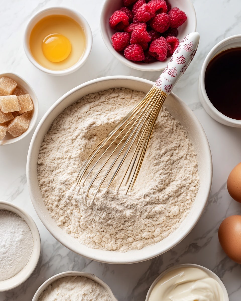 A large white bowl filled with a light beige dry mix, likely flour, sitting on a white marbled surface. Inside the bowl is a gold whisk with a white handle decorated with red and black patterns, partially mixed into the flour. Surrounding the bowl are several small white bowls holding different ingredients: bright red raspberries in one bowl, light brown sugar crystals in another, a pale yellow liquid in a small bowl, a raw egg in a small white bowl, a cup of dark brown liquid, more flour in a small bowl, and a bowl containing a soft white creamy substance. The setting looks like a baking preparation on a white marbled background photo taken with an iphone --ar 4:5 --v 7