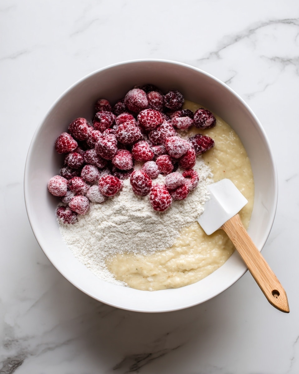 A white bowl with three layers: the bottom layer is a thick, pale yellow batter with a rough texture; the middle layer is a light dusting of white flour sprinkled unevenly on top; and the top layer consists of many frozen raspberries, pale red with a frosty coating, scattered in a loose pile above the flour. A white spatula with a wooden handle rests on the edge of the bowl. The bowl sits on a white marbled surface. photo taken with an iphone --ar 4:5 --v 7