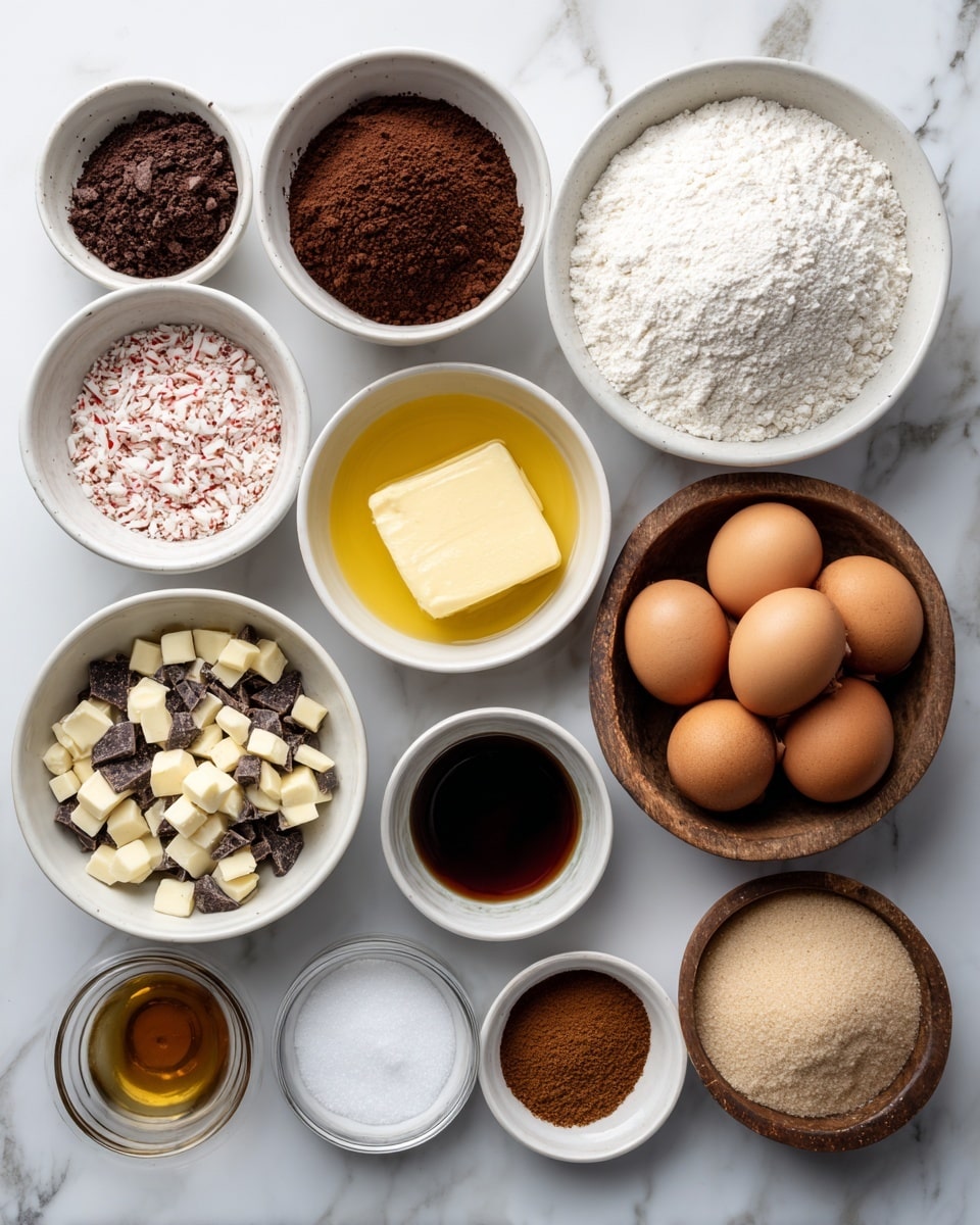 The image shows eleven bowls arranged on a white marbled surface, each filled with different baking ingredients. On the top row from left to right, there is a white bowl filled with dark brown cocoa powder, a white bowl full of white granulated sugar, and a white bowl holding white flour. Below those, on the left side, there is a white bowl with crushed red and white peppermint candy, a white bowl with melted yellow butter, and a white bowl filled with mixed chopped dark and white chocolate with bits of peppermint. Further down, a small white bowl contains dark vanilla extract, a small glass bowl is filled with white chocolate chips, and a rustic wooden bowl holds three brown eggs. The bottom right shows a white bowl loaded with light brown sugar, and next to it, two small white bowls each contain white salt and brown cinnamon powder. The arrangement is neat with clear, distinct colors and textures. Photo taken with an iphone --ar 4:5 --v 7