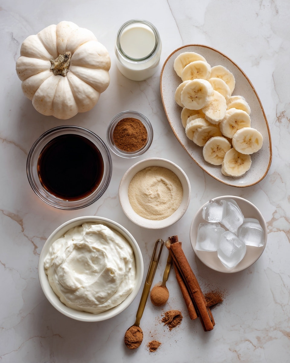 The image shows an arrangement of ingredients on a white marbled surface. There is a small white pumpkin on the top left, with a glass of milk next to it and a small white bowl filled with dark brown liquid below the milk. Below the pumpkin and liquid bowl is a white bowl with creamy white yogurt, and next to it, a bowl with pale yellow powder. To the right of these is a small white bowl filled with ice cubes. On the far right is a white plate holding a single layer of banana slices. Cinnamon sticks and measuring spoons with brown powder lie on the surface near the plate. The scene is evenly lit with soft natural light. Photo taken with an iphone --ar 4:5 --v 7