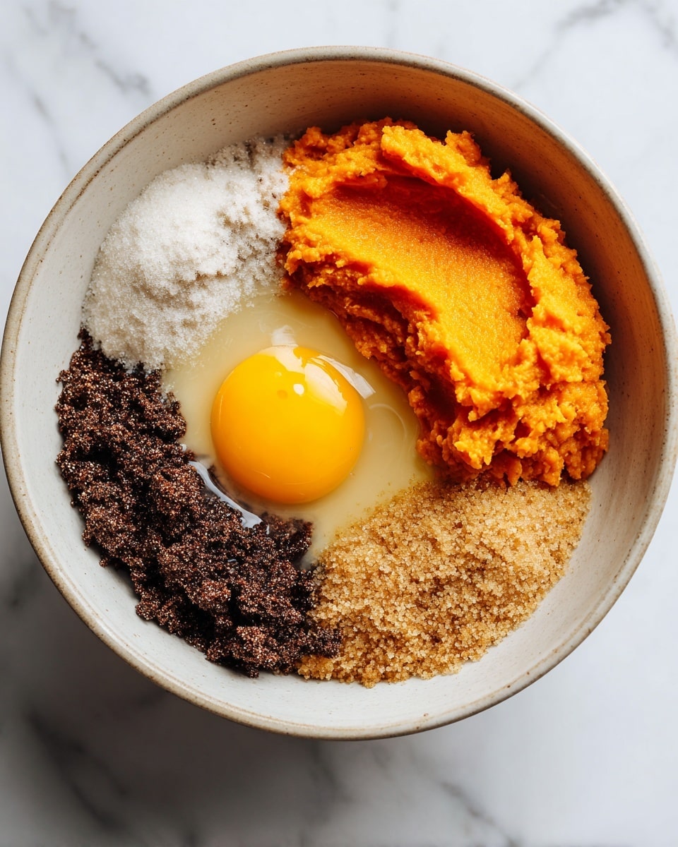Inside a large white bowl, there are six distinct layers of ingredients. On the left side, a mix of white sugar and dark brown sugar creates a speckled texture. Next to it, an orange scoop of smooth mashed sweet potato fills almost half of the bowl on the right side. Below the sugars and sweet potato, a cracked raw egg sits with its bright yellow yolk and clear egg white spreading around it. A small pile of light brown sugar rests near the bottom edge of the bowl. The visible bowl interior is off-white with subtle texture, and the bowl is set on a white marbled surface. Photo taken with an iphone --ar 4:5 --v 7