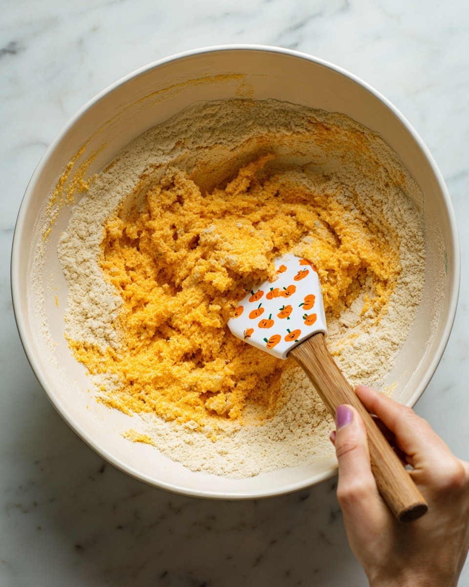 A close-up view inside a large white mixing bowl showing a mixture of dry light beige flour and a thick, orange batter being stirred together with a spatula that has a wooden handle and a white silicone head decorated with orange pumpkin shapes. The orange batter is chunky and unevenly mixed with the flour, creating a textured look of light powdery patches and moist clumps all around. A woman's hand is holding the spatula from the upper left corner. The bowl is placed on a white marbled surface. Photo taken with an iphone --ar 4:5 --v 7