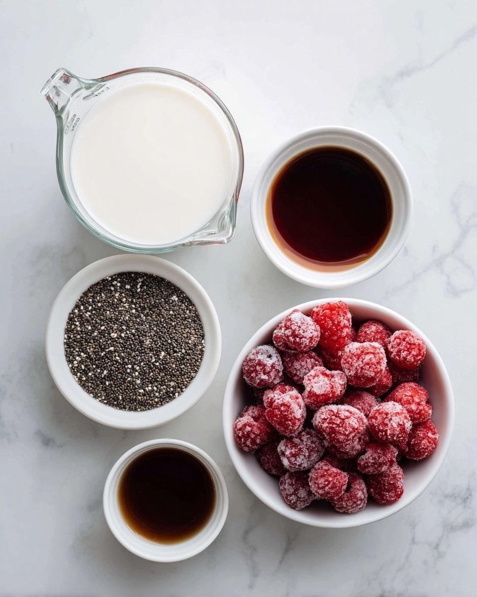 The image shows five small containers set on a white marbled surface. On the left, there is a clear glass measuring cup filled with white milk. Next to it, slightly up and to the right, is a small white bowl holding a dark brown liquid. Below that, a small white bowl contains black and white chia seeds with a grainy texture. To the right, a white bowl is filled with bright red frozen raspberries, their surface covered in a thin layer of frost. Below the raspberries and slightly to the right is another white bowl with a small amount of dark brown liquid. The items are neatly arranged in an organized way. Photo taken with an iphone --ar 4:5 --v 7