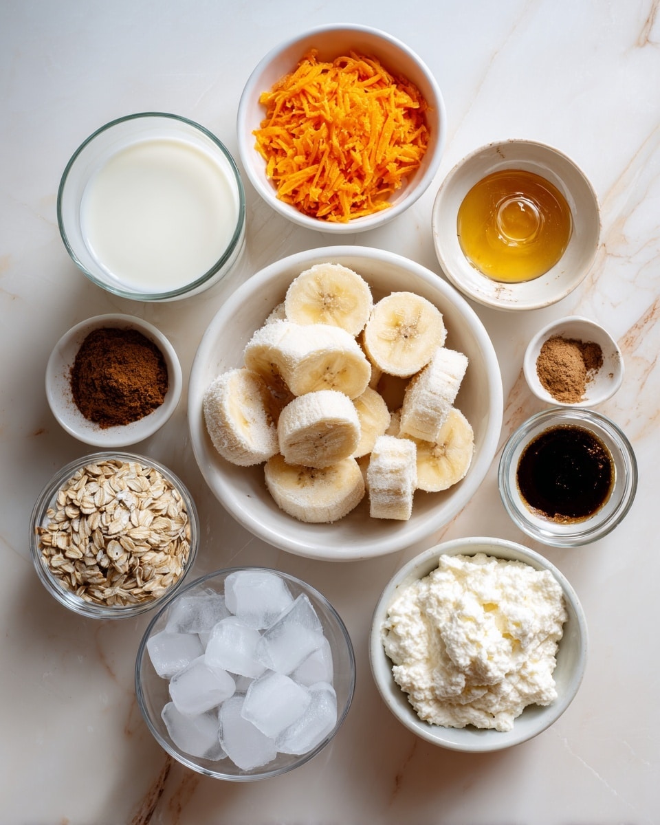 The image shows ten small bowls and glasses arranged on a white marbled surface, each holding different ingredients. At the center, a white bowl holds several frozen banana slices with a light frost texture. Above it, from left to right, there is a white bowl with shredded bright orange carrots, a white bowl with golden honey, a small white bowl with dark brown vanilla extract, and another white bowl with pale beige rolled oats. Below the oats is a white bowl filled with clear ice cubes. To the left of the ice, a glass contains white milk or cream, followed by a glass with white flour, and a glass bowl filled with white cottage cheese that has a soft, crumbly texture. On the far left, there are two small white bowls; one contains light brown cinnamon powder, and the other holds a darker brown spice, possibly nutmeg. The photo taken with an iphone --ar 4:5 --v 7