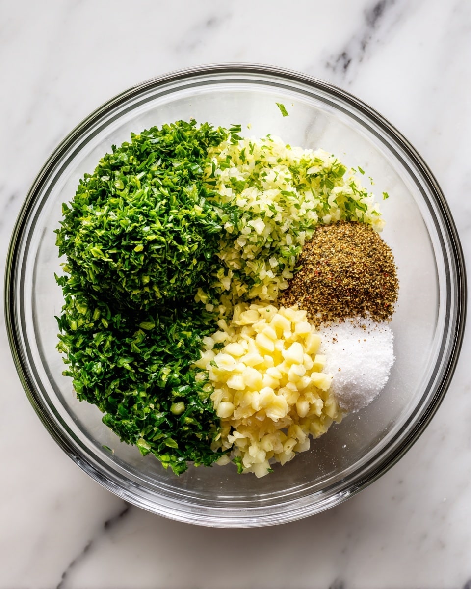 A clear glass bowl filled with four distinct piles of ingredients separately arranged inside: a large pile of finely chopped bright green herbs on the left half, a smaller pile of freshly chopped pale yellow garlic at the bottom right, a mound of brown ground pepper towards the middle right, and a small pile of white salt right next to the pepper. The bowl sits on a white marbled surface. photo taken with an iphone --ar 4:5 --v 7