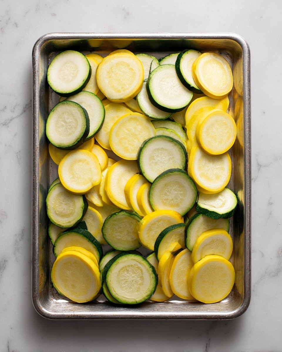The image shows a silver baking tray filled with sliced raw zucchini and yellow squash. The slices are laid out side by side in an overlapping way, showing the green outer skin and pale inner flesh of the zucchini, and the bright yellow outer skin with pale flesh of the yellow squash. The tray has a slightly rough texture, and the background is changed to a white marbled texture. photo taken with an iphone --ar 4:5 --v 7
