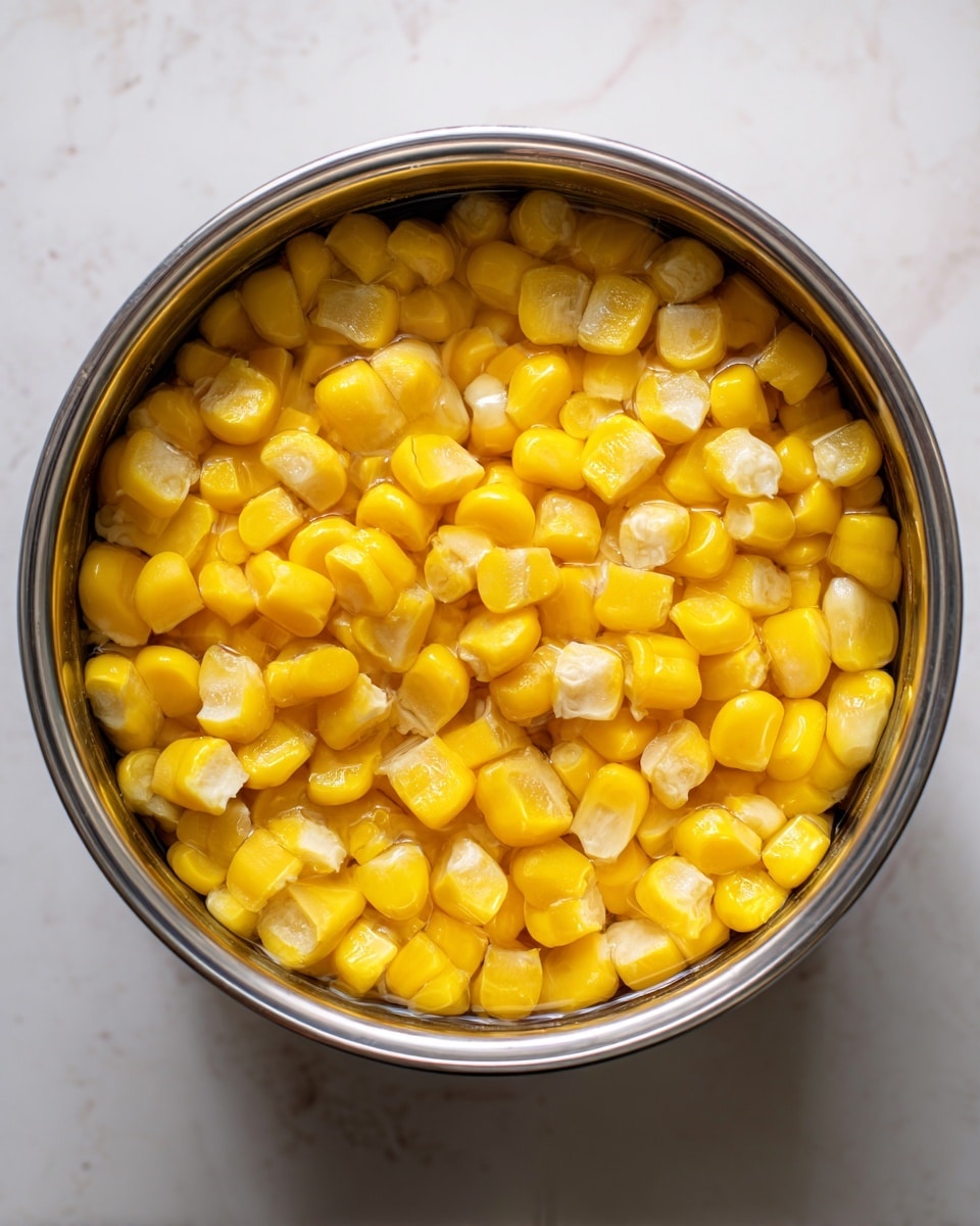 A top-down view of a round metal pot filled with water and many pieces of yellow corn on the cob, cut into small thick rounds. The corn pieces float close together on the surface, showing their soft kernels and white cob ends. The pot is placed on a white marbled surface with soft lighting highlighting the bright corn yellow and shiny water. Photo taken with an iphone --ar 4:5 --v 7