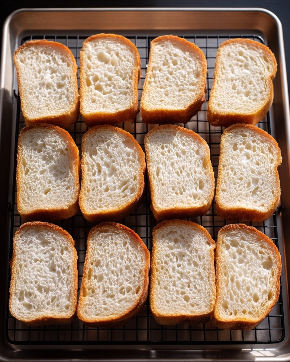 The image shows eleven slices of toasted bread arranged in three rows on a black cooling rack. Each slice has a golden-brown crust with a soft, white inside that has a porous texture with many small holes. The slices are placed evenly on the rack, which sits on a metal baking tray with a slight sheen. The bread looks crispy on the outside and light on the inside, and the overall scene is bright with natural light. photo taken with an iphone --ar 4:5 --v 7