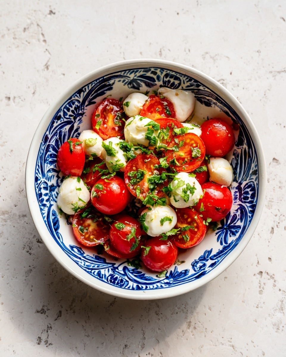 A white bowl with blue patterns holds a simple salad made of two layers: the bottom layer is bright red cherry tomato halves with a fresh shiny texture, and the top layer is white mozzarella chunks scattered evenly across the tomatoes. Small, scattered pieces of fresh green basil leaves add a pop of color and freshness on top. The bowl is placed on a white marbled textured surface. Photo taken with an iphone --ar 4:5 --v 7