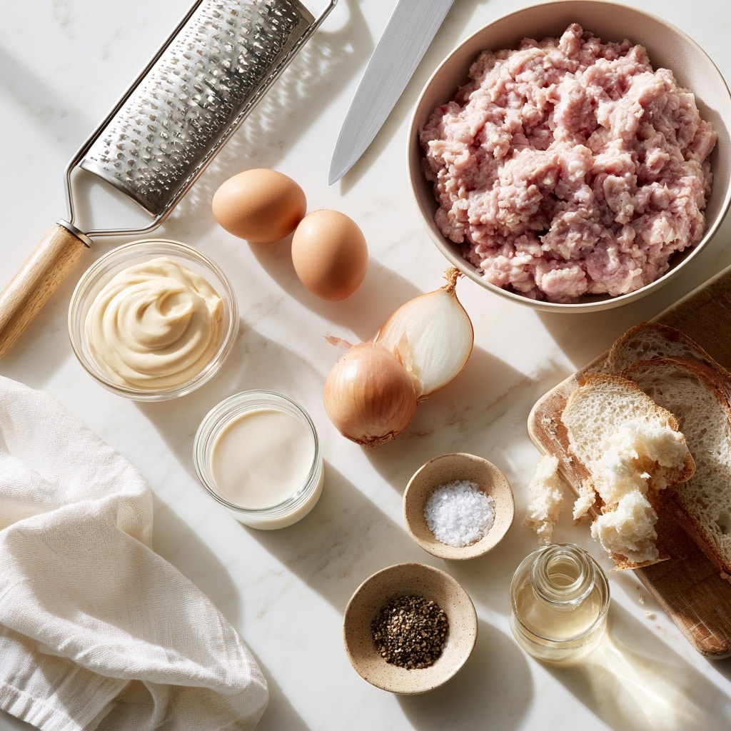 The image shows a metal bowl filled with two layers of ingredients on a white marbled surface. The bottom layer is light pink ground meat with a soft texture, covering most of the bowl. On top in the center, there is a mound of finely grated white onion, which looks slightly moist and fluffy, contrasting with the pink meat around it. The bowl is round and shows a reflective metal surface inside. photo taken with an iphone --ar 4:5 --v 7