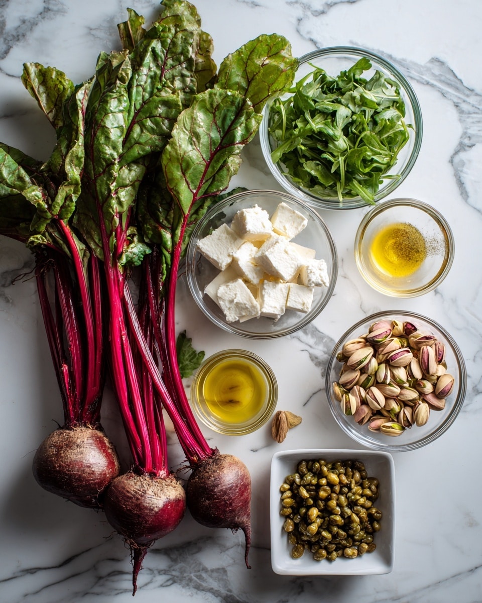 The image shows fresh ingredients laid out on a white marbled surface, including a bunch of vibrant beet greens with deep red stems and two whole beets with earthy, reddish-brown skins. Nearby, there are five clear glass bowls arranged in a semi-circle: one filled with bright green arugula leaves, another with white goat cheese chunks, a third with golden olive oil, the fourth holding smooth beige mustard, and the fifth with roasted pistachios. In the front right, a small white dish contains green capers. The colors contrast well with the white marbled background, creating a fresh and natural look. photo taken with an iphone --ar 4:5 --v 7