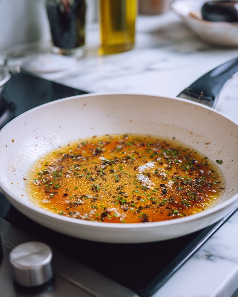 A shallow white pan is shown on a stove with orange-brown liquid simmering inside. The liquid has small green and dark brown bits floating, with tiny bubbles forming on the surface. The edge of the pan has some liquid splashes, adding texture. A black utensil rests on the pan's edge, and the background shows a white marbled surface with kitchen items out of focus. photo taken with an iphone --ar 4:5 --v 7