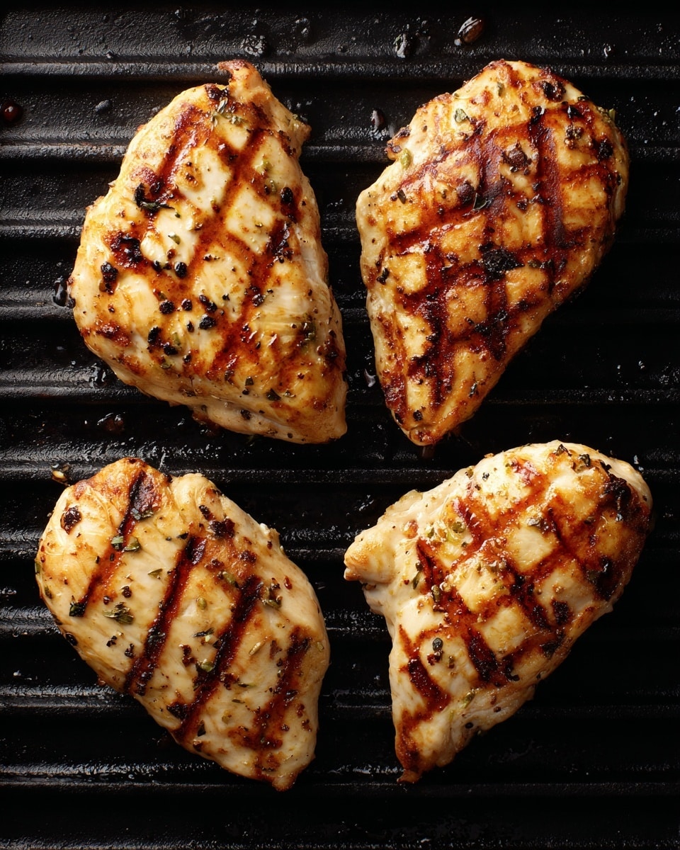Four pieces of grilled chicken are placed close together on a black grill. Each piece has clear, dark brown grill marks that form crosshatch patterns on the pale, cooked chicken surface. The chicken pieces vary in shape and size, with some having light browning and small charred spots. The grill bars beneath the chicken are blackened and textured, showing signs of heat and use. The background is dark, making the chicken and grill stand out clearly. photo taken with an iphone --ar 4:5 --v 7