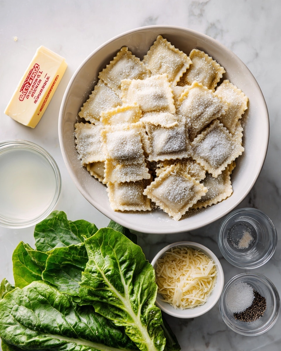 A white bowl is filled with many small, square ravioli pieces that have a light dusting of flour and ruffled edges. Below the bowl, a bunch of fresh green leaves with a soft texture lies next to a stick of unsalted butter with red and orange text on the wrapper. To the right, there is a small white bowl with a mix of black pepper and salt and two clear glass bowls, one with a white liquid and the other with a grated yellowish cheese. The surface is a white marbled texture. photo taken with an iphone --ar 4:5 --v 7