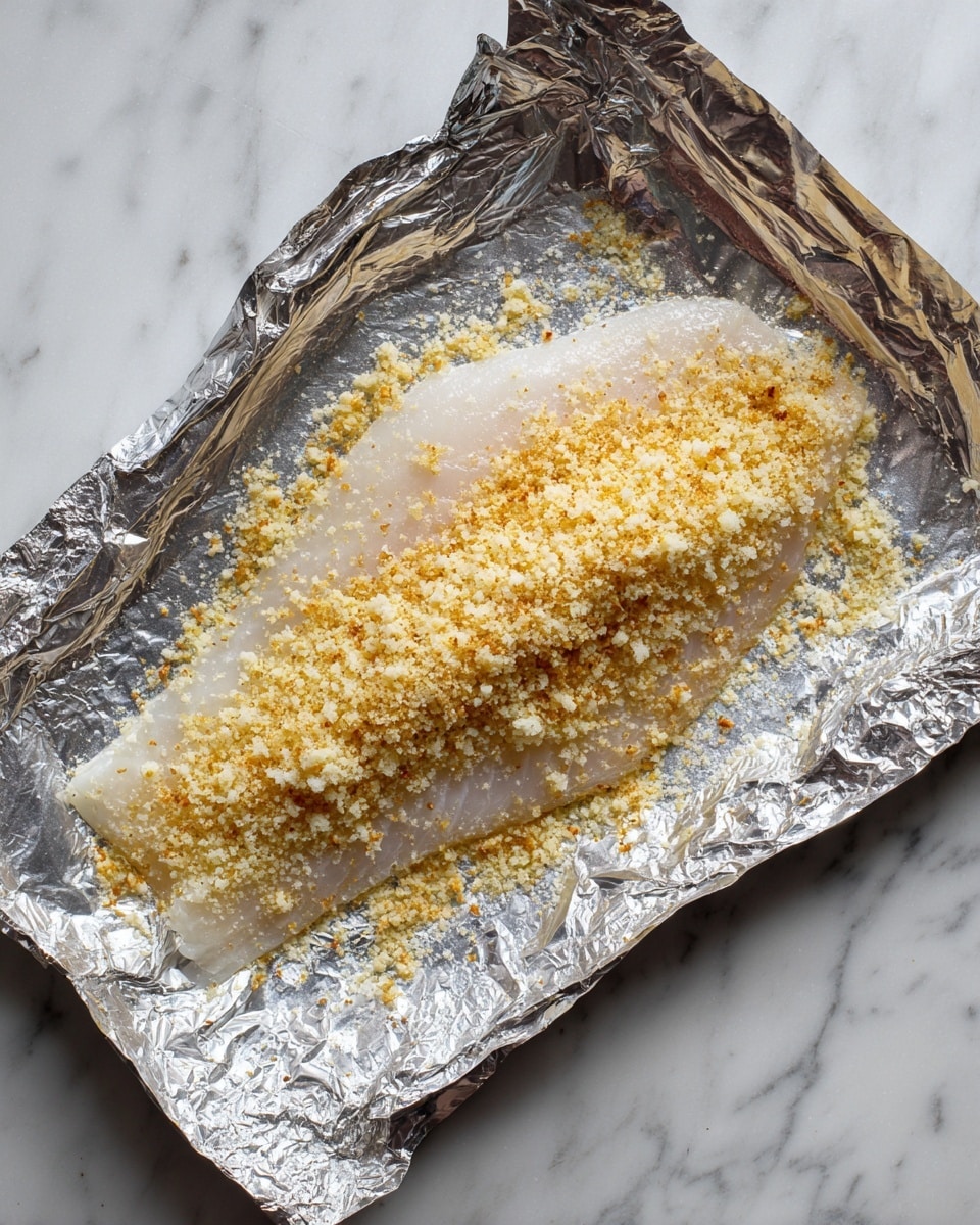 A raw white fish fillet lies flat on crinkled silver foil, covered with a thick layer of golden brown and light beige breadcrumbs mixed with finely grated cheese. The breadcrumbs look coarse and crunchy, spread unevenly with some falling onto the foil around the fish. The fillet is thin and translucent at the edges, and the foil shines with a reflective metallic texture. The background is a white marbled surface photo taken with an iphone --ar 4:5 --v 7