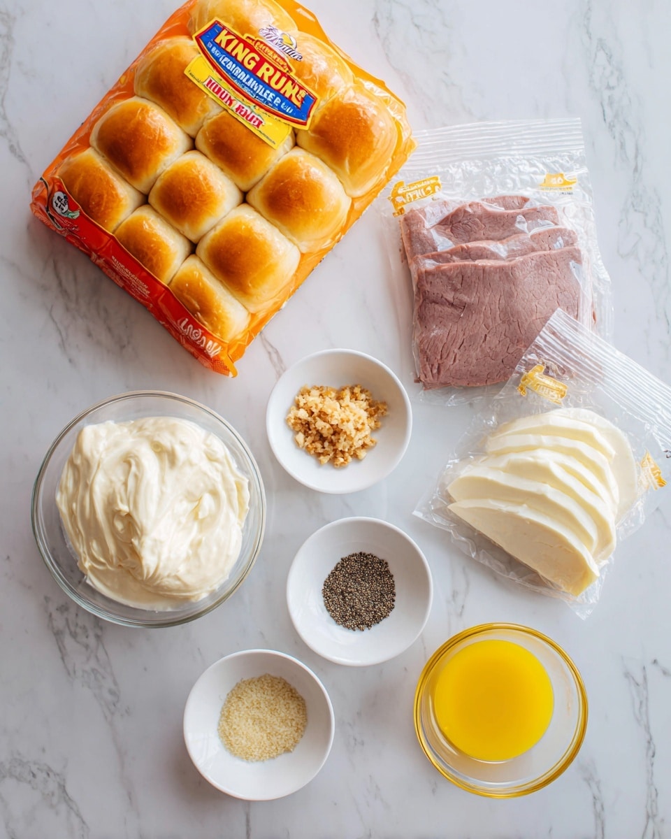 The image shows a top-down view of various ingredients laid out on a white marbled surface. At the top center, there is a large package of King's Hawaiian sweet rolls in a bright orange and clear bag, showing golden brown rolls inside. To the right of the rolls are two clear plastic packages from Fresh Cuts: one with slices of brown roast beef and another with slices of white cheese. Below the rolls, there are five small white dishes arranged in a loose semicircle. One has light brown minced garlic or ginger, another has a pale yellow powdered seasoning, a third contains small black poppy seeds, a fourth holds a smooth bright yellow liquid (likely melted butter), and the last has grainy mustard in a clear glass bowl. In the middle is a larger clear bowl filled with thick, white creamy mayonnaise. Photo taken with an iphone --ar 4:5 --v 7