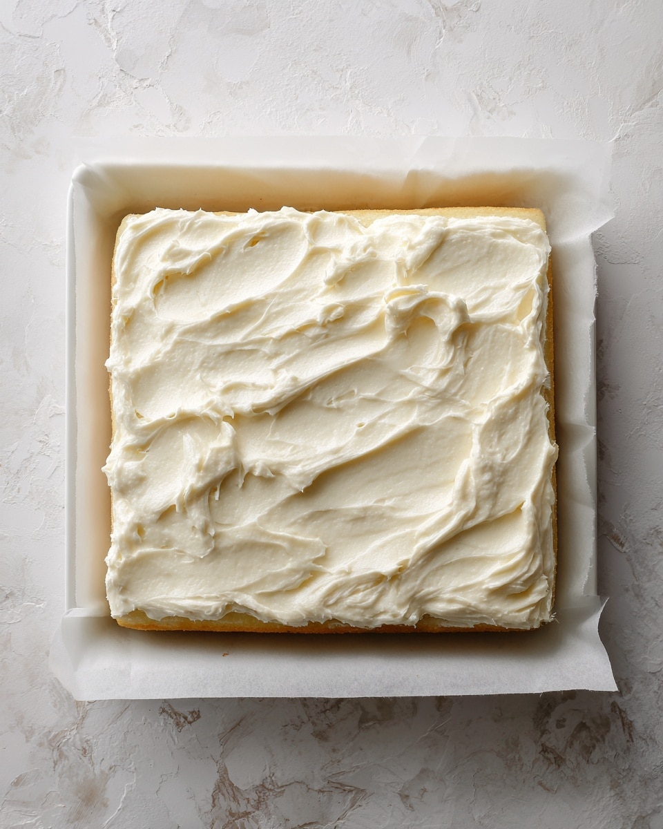 A single rectangular cake layer with a light golden color is placed on white parchment paper inside a white tray. The top of the cake is covered with a thick, creamy white frosting spread unevenly, showing some texture and swirls. The edges of the cake are slightly rough and the frosting nearly reaches the sides but does not fully cover them. The background shows a white marbled texture. photo taken with an iphone --ar 4:5 --v 7