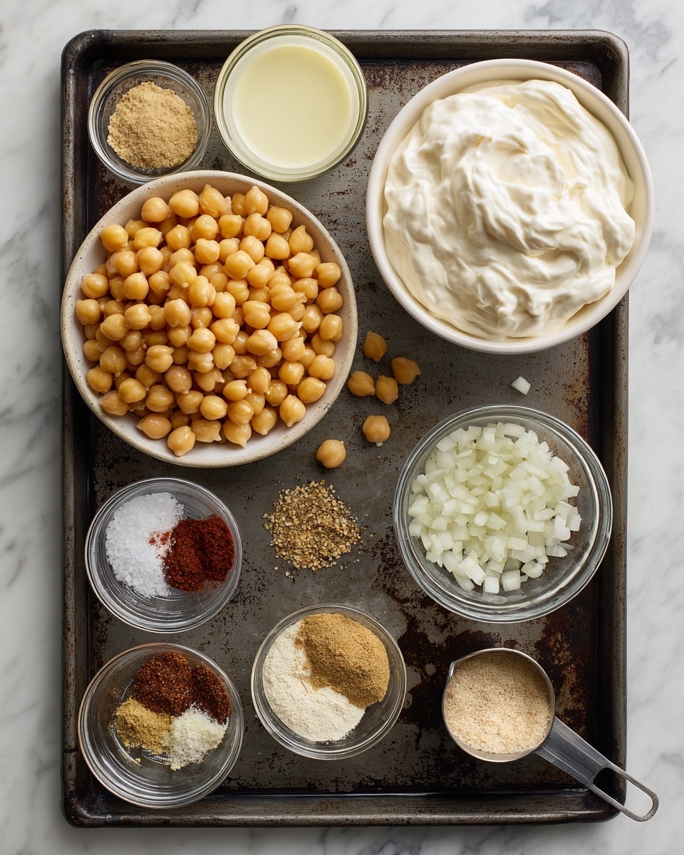A large white bowl filled with round, yellow chickpeas sits at the bottom right of a dark metal baking tray with small scratches and spots. To the top right of the tray is a large white bowl holding thick, white yogurt with soft peaks. Next to it is a clear glass cup filled with a pale yellow liquid. At the bottom left of the tray, there are three small clear glass bowls: one with finely chopped white onions, one with mixed light brown and beige powders, and one with a reddish-brown spice mix. Two small white bowls near the top left of the tray hold a light brown granular powder and a mix of black pepper and salt, respectively. A small metal measuring cup filled with beige powder is at the bottom center, while another small metal measuring cup with a beige liquid sits at the upper left. All the bowls and cups rest on the dark tray on top of a white marbled surface. photo taken with an iphone --ar 4:5 --v 7