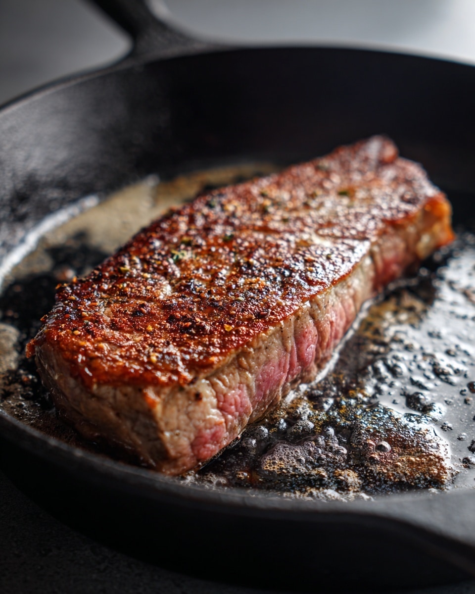 A thick piece of steak with a brown, crispy crust on top is cooking in a black cast iron pan. The steak shows a gradient of colors from the seared brown edges to a pinkish center near the base. The cast iron pan has a worn, slightly oily surface with signs of cooking juices and browning around the steak. The pan handle is visible at the top left corner, and the cooking surface underneath the pan has a slightly blurred metallic look. photo taken with an iphone --ar 4:5 --v 7