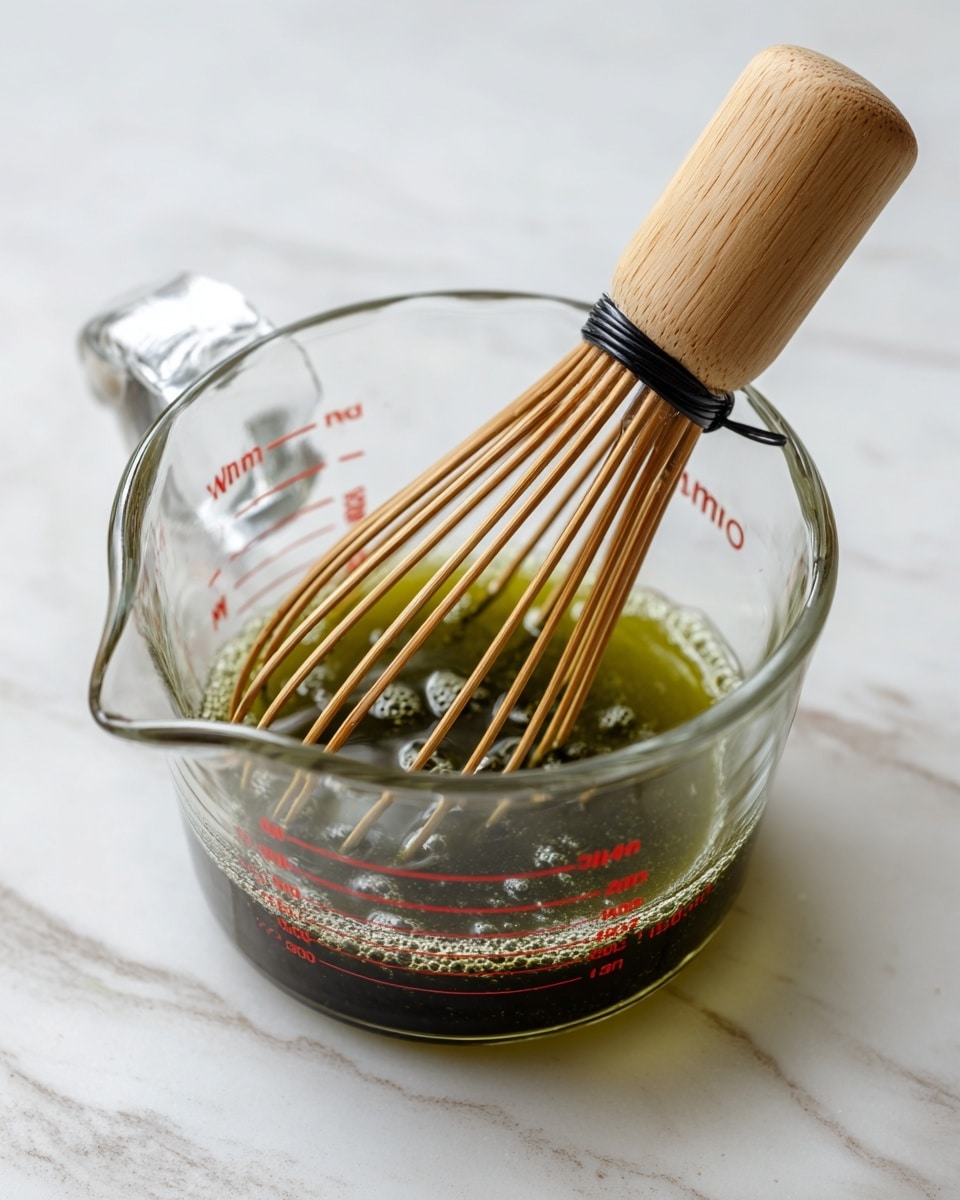 A clear glass measuring cup with red measurement marks holds a small amount of dark green liquid with bubbles on the surface. Inside the cup is a bamboo whisk with thin prongs and a black string near its handle. The whisk is partly submerged in the liquid, which appears smooth and slightly frothy. The cup sits on a white marbled surface. photo taken with an iphone --ar 4:5 --v 7