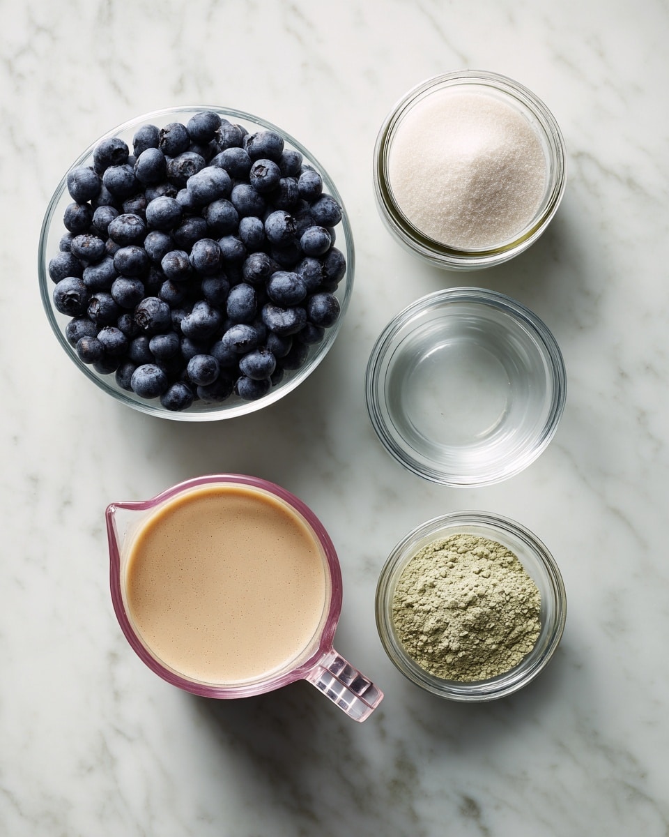 The image shows six small clear glass containers arranged on a white marbled surface. The top left container is a bowl full of fresh dark blue blueberries. Next to it on the right is a small jar filled with white granulated sugar. Below these, there are two empty clear glass bowls at the center. To the right of these bowls is a small jar with a light green powder. At the bottom left, there is a clear measuring cup with a pink scale filled halfway with beige liquid. The containers are spaced evenly, creating a neat, clean, and organized look. photo taken with an iphone --ar 4:5 --v 7