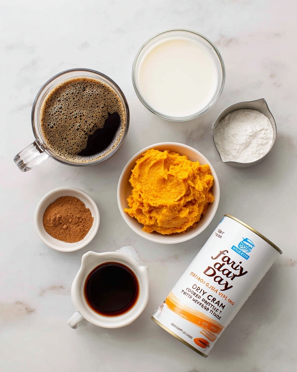 A white marbled surface holds six items arranged in a loose circle: a clear glass cup filled with dark black coffee on the left, a small white bowl with a scoop of bright orange pumpkin puree near the center, a metal measuring cup full of white milk at the top right, a small white dish containing a mound of brown cinnamon powder at the bottom left, a small clear glass bowl filled with dark brown vanilla extract near the bottom center, and a white canister of