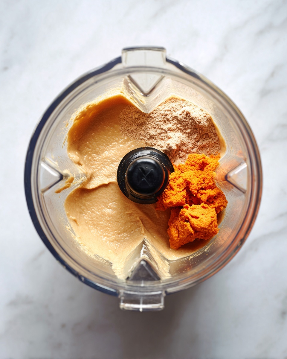 The image shows a close-up of a clear blender container with a black blade in the center. Inside, there are mainly two layers: a light brown powder coating the blades and the bottom closely, and a small clump of bright orange paste positioned to the right side of the blade. The background shows a smooth white marbled surface beneath the blender. photo taken with an iphone --ar 4:5 --v 7