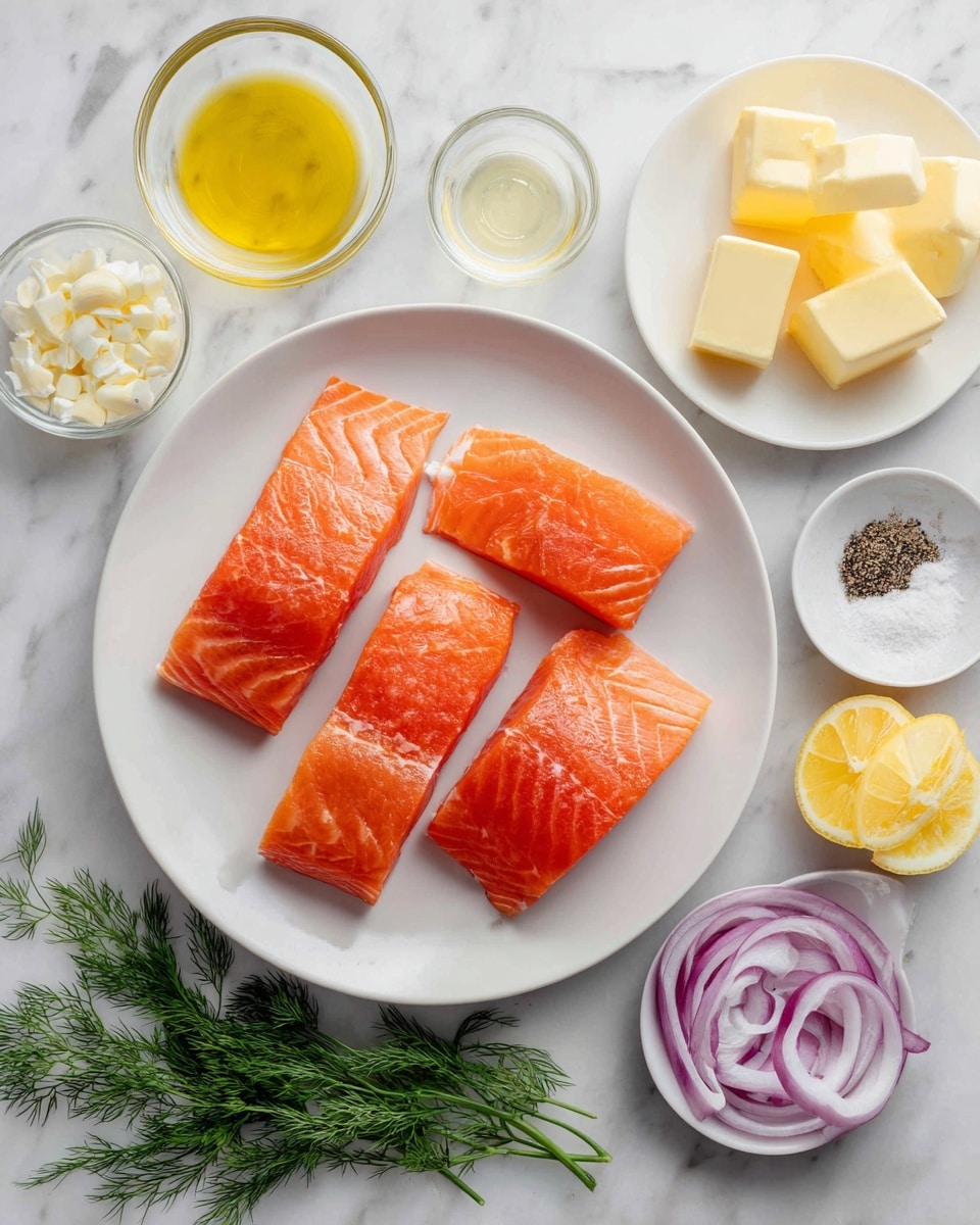 The image shows a white plate with four pieces of bright orange salmon fillets placed on a white marbled surface. Around the plate, there are several small clear glass bowls containing different ingredients: one with pale yellow olive oil, one with two small cubes of butter, one with sliced yellow lemon rings, and one with thin purple onion rings on a white plate. Next to these, there is a white plate holding chopped garlic cloves, a small white bowl with salt and black pepper, and a few sprigs of fresh green dill laying on the white marbled surface. The overall setup is clean and neatly arranged. photo taken with an iphone --ar 4:5 --v 7