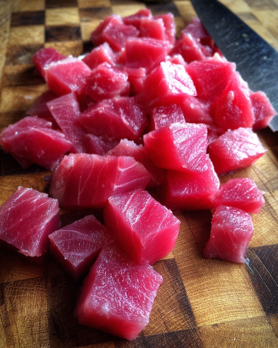 Diced bright pink raw tuna pieces are spread across a wooden checkered cutting board with light and dark brown squares, with the sharp edge of a silver knife resting on the bottom right corner of the board; the tuna cubes vary slightly in size and have a fresh, moist look. photo taken with an iphone --ar 4:5 --v 7