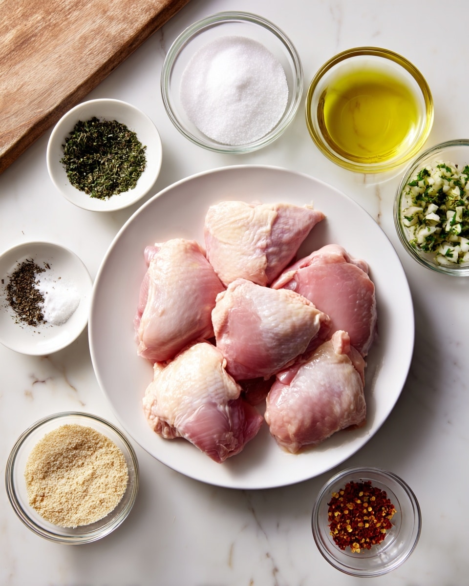 A white plate holds three raw pink chicken pieces with a shiny, smooth texture, placed near the center of a white marbled surface. Surrounding the plate are seven small glass bowls and dishes arranged neatly: at the top left, a bowl with white powdery salt; next to it, a bowl with minced garlic mixed with green herbs; to the right, a bowl filled with a light yellow liquid oil. To the left side of the plate, there's a bowl with dark green chopped herbs, below it, a small white dish with black pepper and salt, and next to that, a bowl with beige breadcrumbs. At the bottom, there is a tiny glass bowl containing crushed red pepper flakes. A wooden cutting board is partly visible in the background on the top left corner. The whole setup is well lit and clean, ready for cooking. photo taken with an iphone --ar 4:5 --v 7