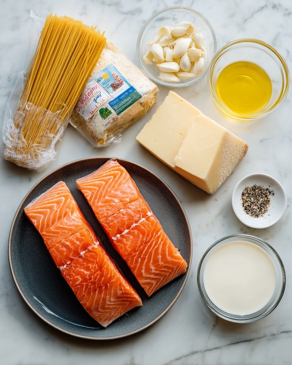 The image shows several ingredients placed neatly on a white marbled surface. There are two large, bright orange salmon fillets with visible texture on a dark plate positioned at the bottom right. Above the salmon, to the right, a small white dish holds a mix of salt and black pepper. Towards the center, a wedge of pale yellow Parmigiano cheese with a green and red label lies flat. To the left of the cheese, an open packet of dry fettuccine pasta with beige and blue packaging is spread out with some pasta visible. Above the pasta, a small white bowl contains pale sliced garlic pieces. Next to it, a clear glass bowl holds a thick cream-colored liquid. Above the salmon, a small glass bowl with a piece of pale yellow butter is placed. Finally, a smaller glass bowl filled with bright golden olive oil is situated in the top left corner of the image. Photo taken with an iphone --ar 4:5 --v 7