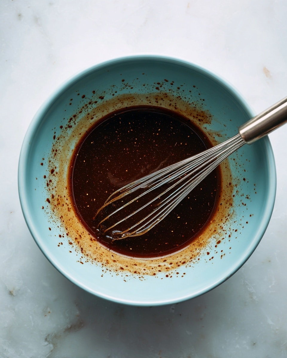 A light blue mixing bowl holds a smooth dark brown sauce with small visible specks, and a silver whisk partially submerged in the sauce rests inside the bowl; the bowl sits on a white marbled surface, with sauce splatters on the sides of the bowl and some on the surface around it, creating a sense of preparation and texture photo taken with an iphone --ar 4:5 --v 7